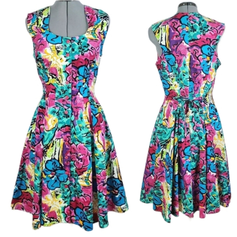 Vtg Fame button sleeveless A-line dress pocket Med